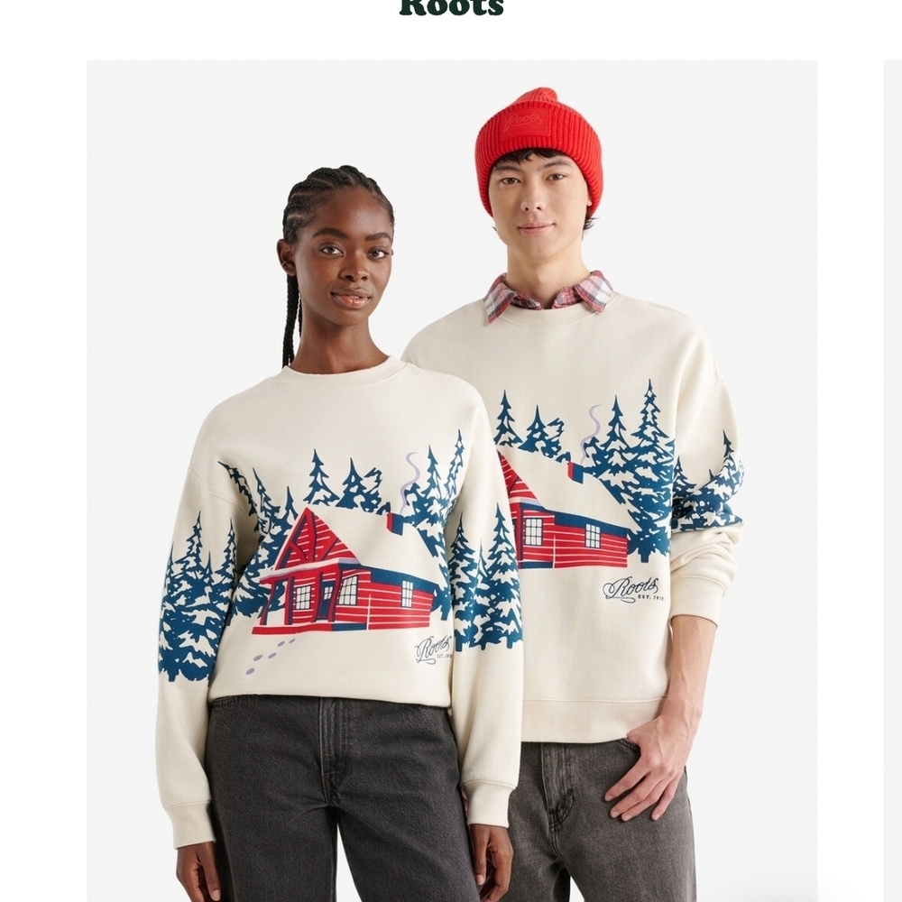 **LOOKING FOR** Roots Cream and Red Cabin Print Men's Crewneck Sweater